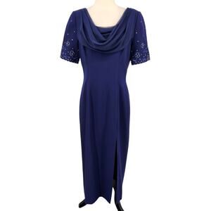 Vintage Rimini Blue Crepe Dress – 1980s Column Fit Draped Chiffon Embroidered
